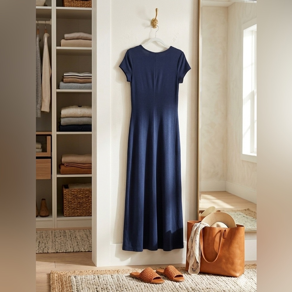 Navy Blue Short Sleeve Maxi Dress - Minimalist Soft Knit T-Shirt Dress | Size L